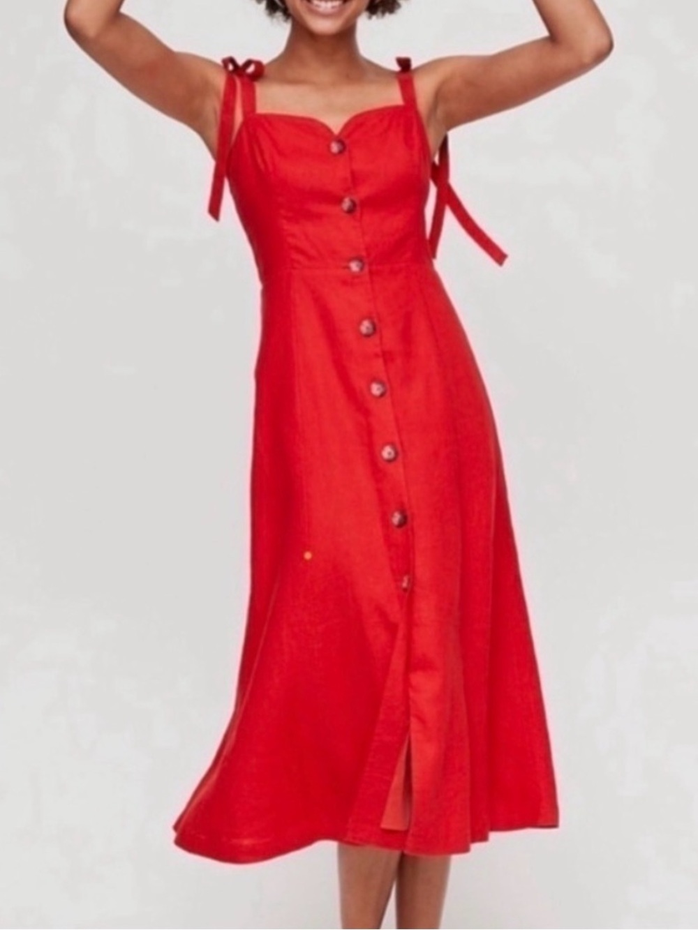 NWT Wilfred Rosalie Midi Dress Red 100% Linen Tie Straps Smocked Cottagecore
